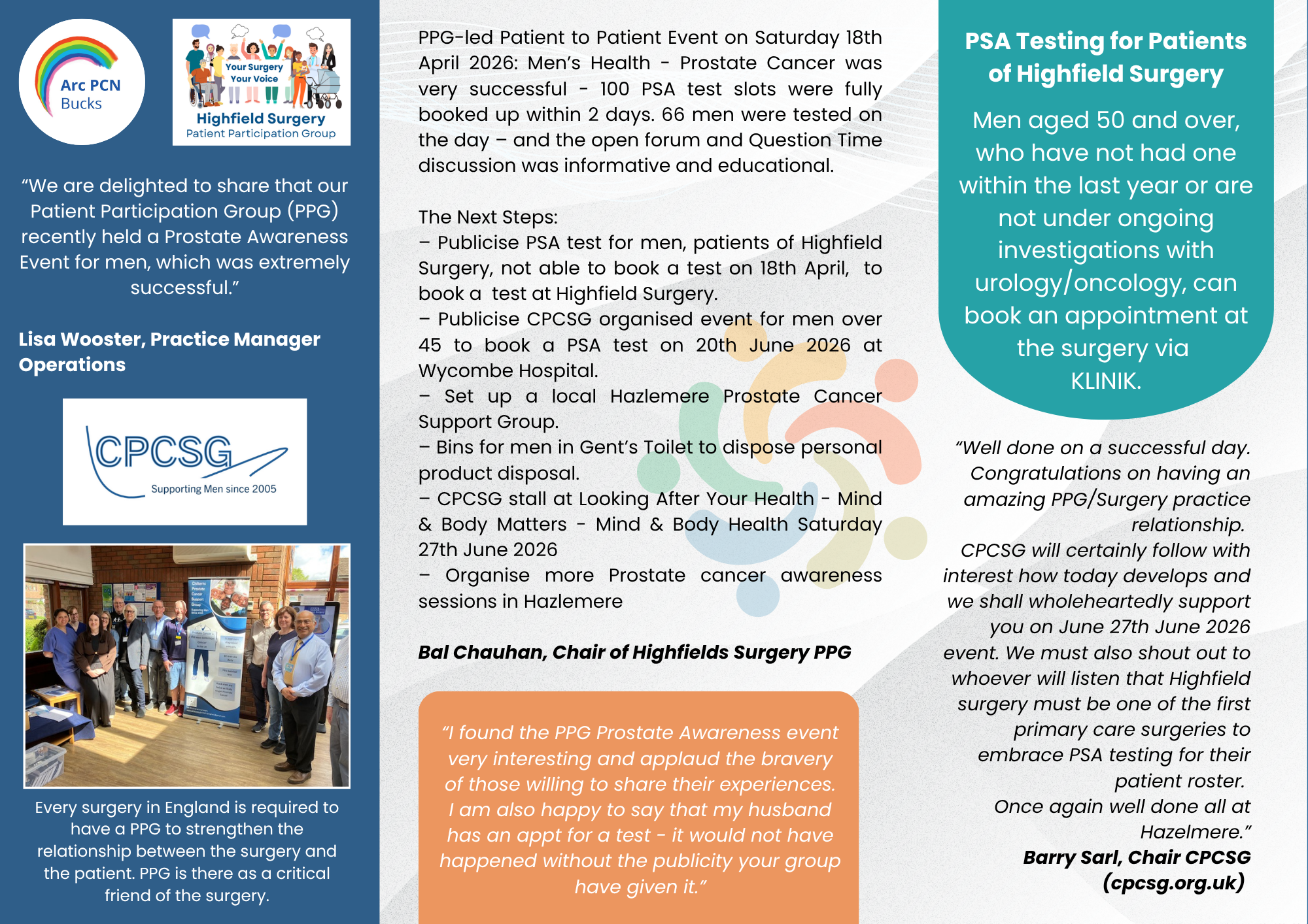 Prostate Cancer Awareness Day - 18th April 2026 Feedback and Follow up Action Plan